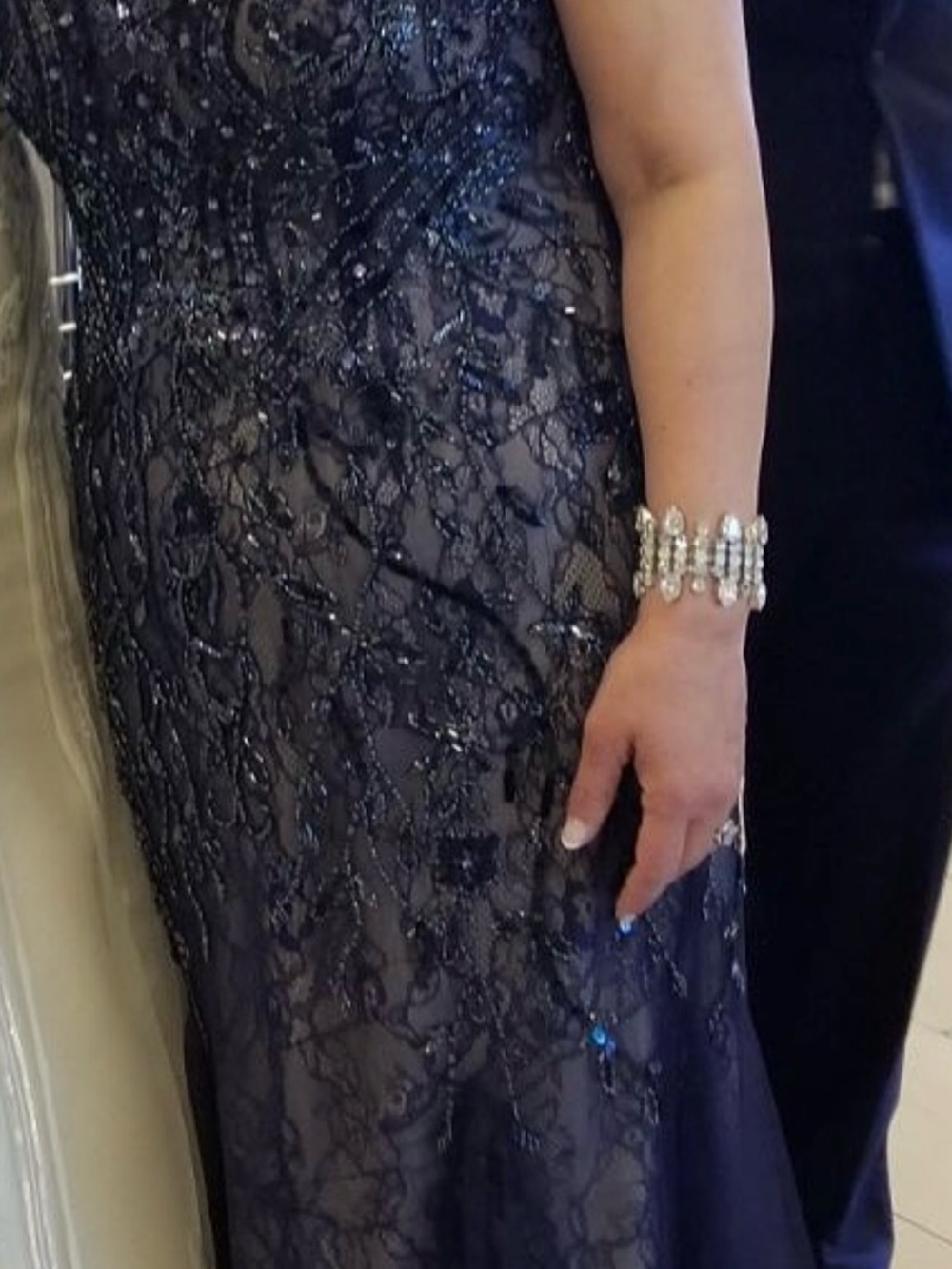 Navy Beaded Lace Evening Gown